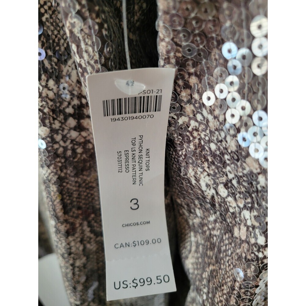 Chico's Python Sequin Tunic Top Size 3 XL Espresso Knit Long Sleeve Blouse NWT